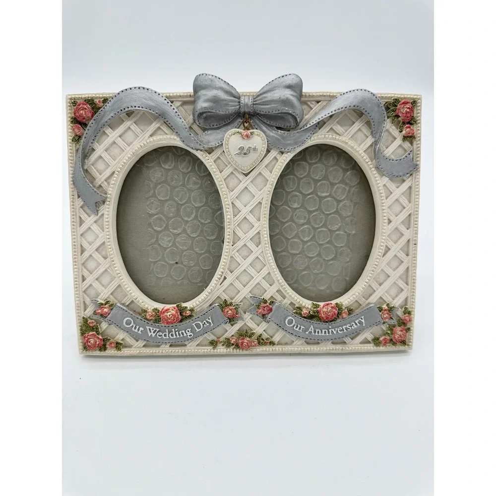 Figi Graphics Double Photo Frame 25th Anniversary Wedding Vintage Silver 8.5x6.5